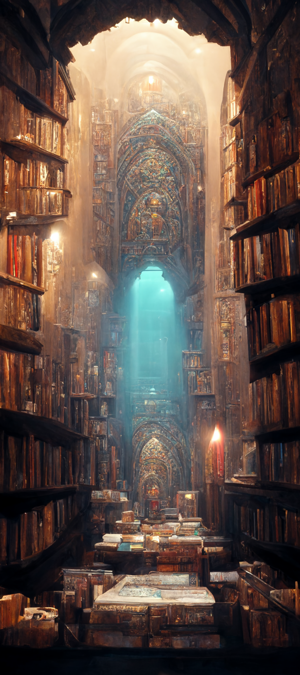 Midjourney prompt: an old medieval library fantasy stunni...