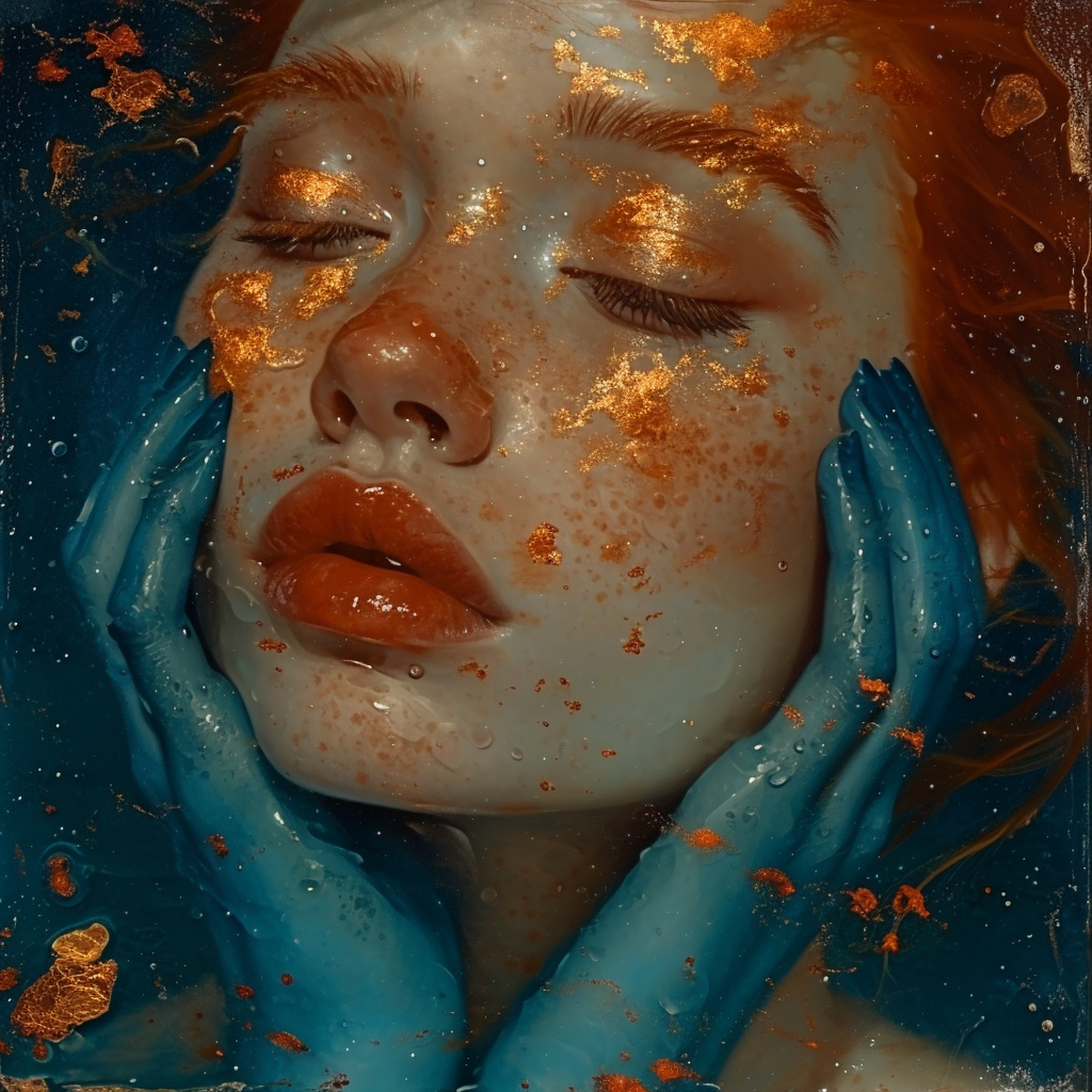 Midjourney prompt: A woman in blue paint with a red hair, in the styl... - Midjourney