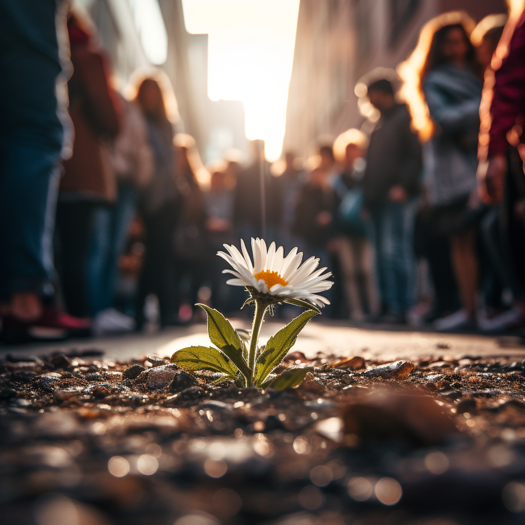 AI generated: Midjourney prompt: close-up photo of a tiny daisy breaking through co... (Midjourney - Photography)
