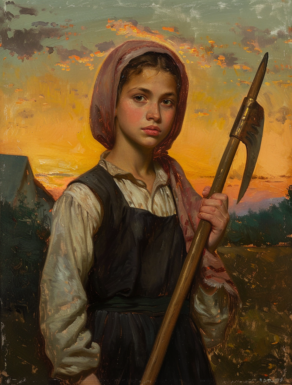 Midjourney prompt: Young farm girl holding sickle, sunset in the back... - Midjourney
