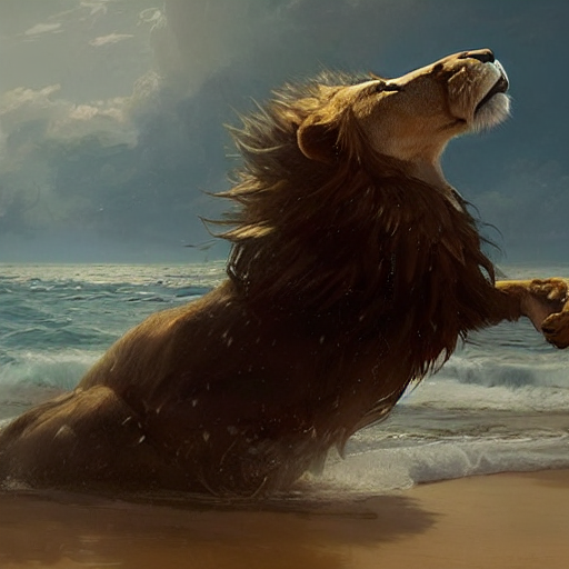 Stable Diffusion prompt: A lion with eagle wings emerging...