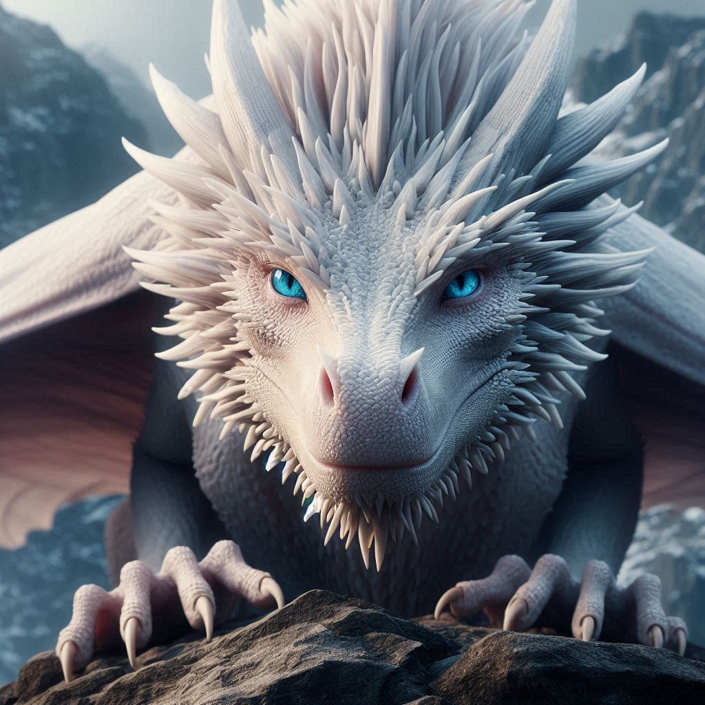 DALL·E prompt: Photography of a white dragon, blue eyes in the mo... - DALL·E