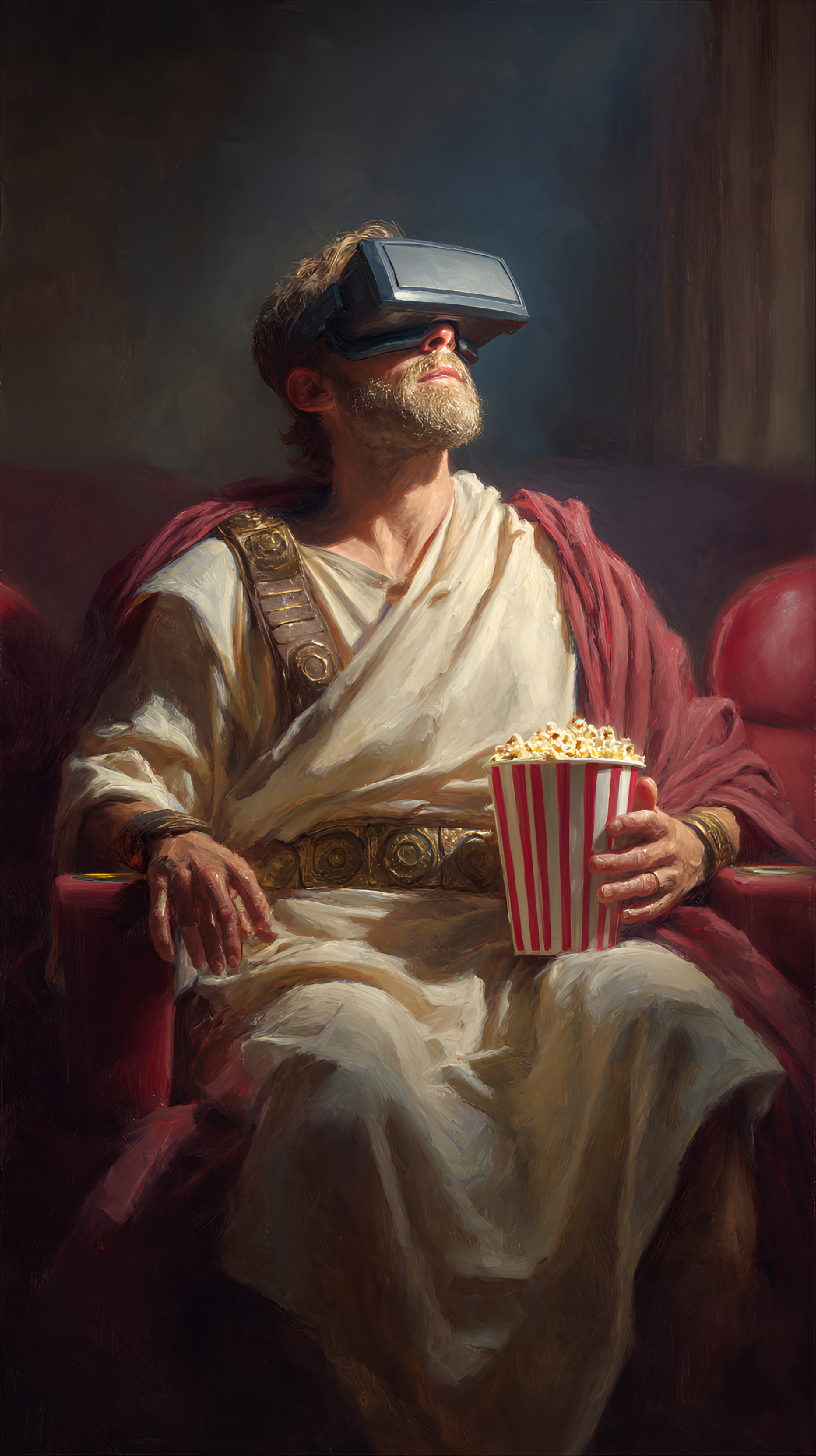 صورة مولدة بالذكاء الاصطناعي: Midjourney prompt: Caucasian man, -colored Roman-style toga over a r... (نموذج Midjourney - صور شخصية)