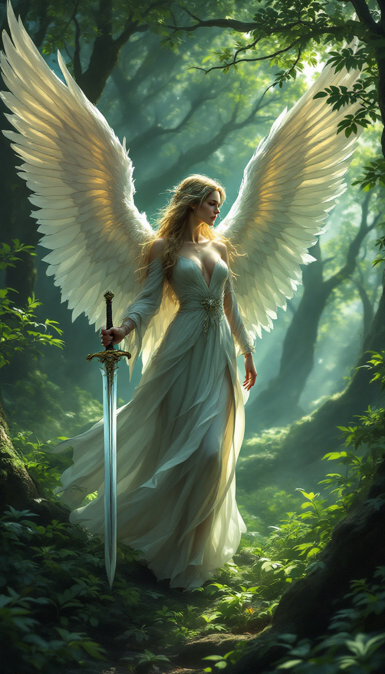 FLUX prompt: woman with wings and a sword standing in the lush ... - FLUX