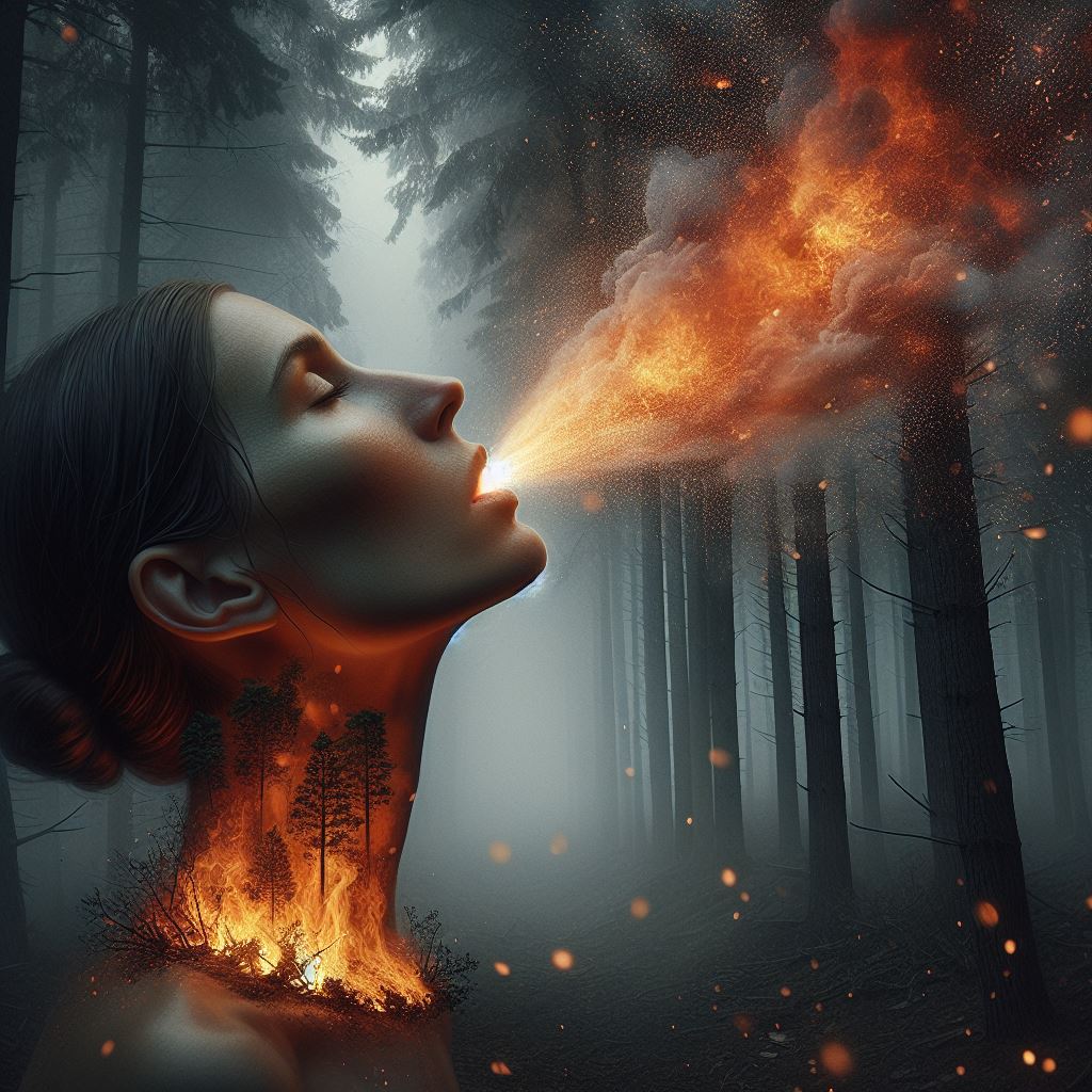 AI generated: DALL·E prompt: realistic image of a womans head extinguishing a f... (DALL·E - Photography)