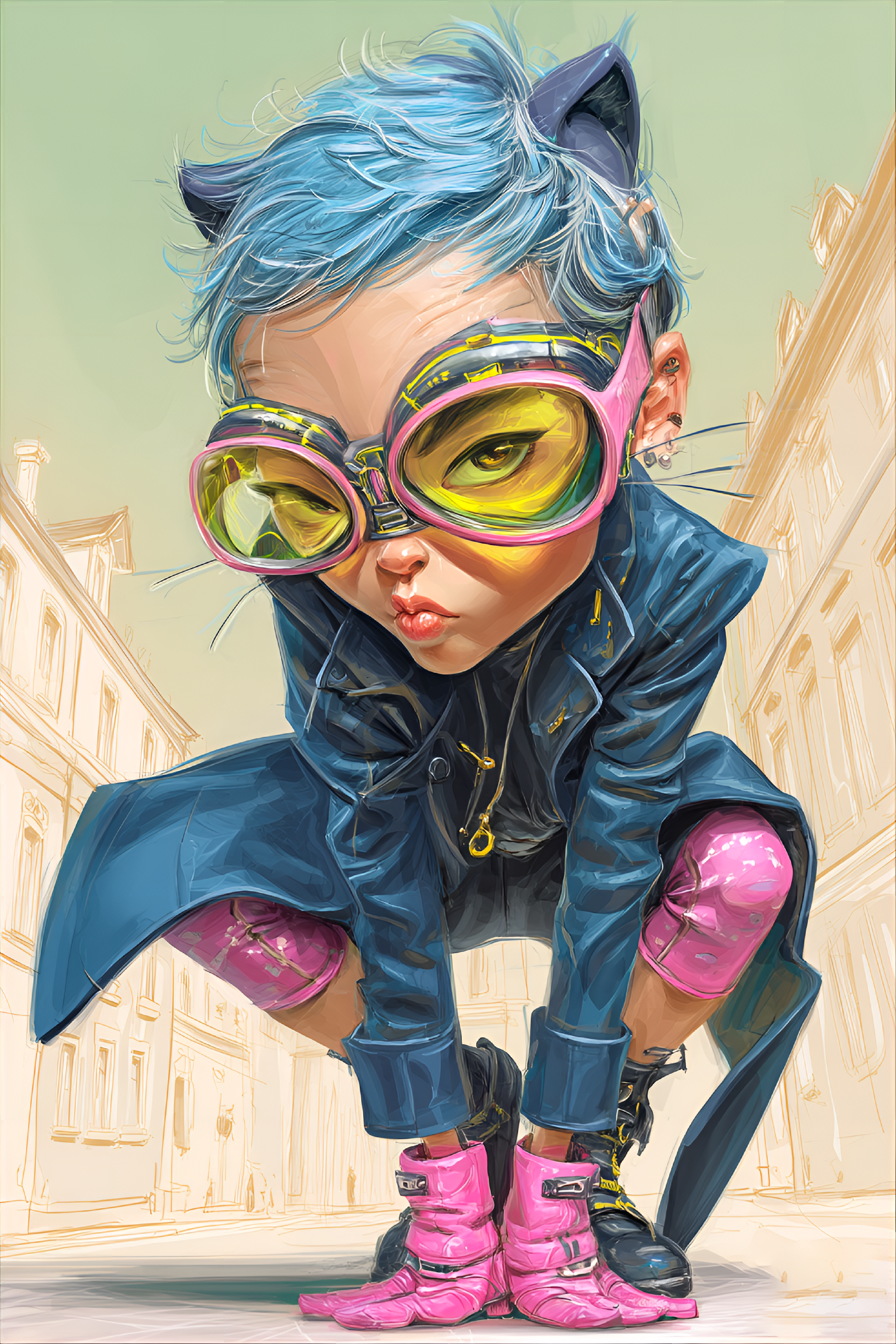Midjourney prompt: funny caricature, futuristic cat-girl caricature, ... - Midjourney