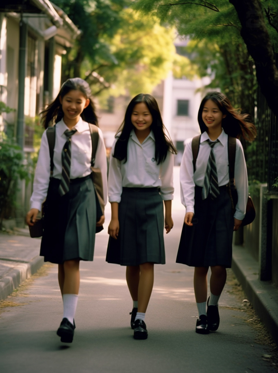 Midjourney prompt: a black and white photo of three women walking dow... - Midjourney