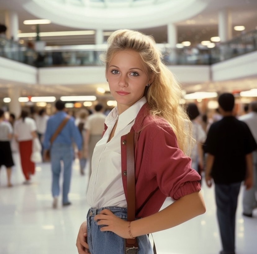 AI generated: Midjourney prompt: Beautiful blonde girl in 1985 wearing side ponytai... (Midjourney - Portraits)