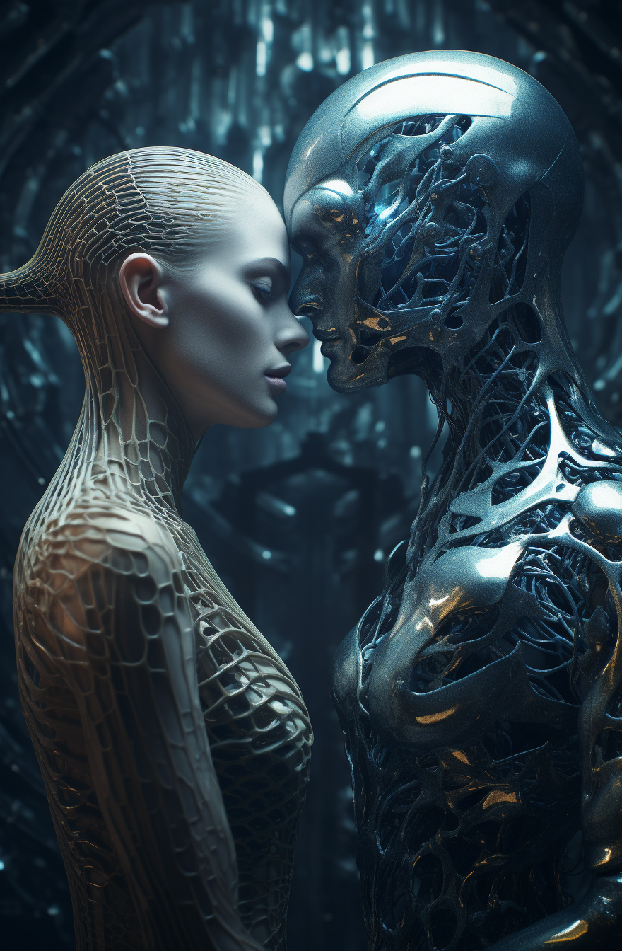 صورة مولدة بالذكاء الاصطناعي: Midjourney prompt: An alien and a human merging together to create a ... (نموذج Midjourney - تصوير فوتوغرافي)