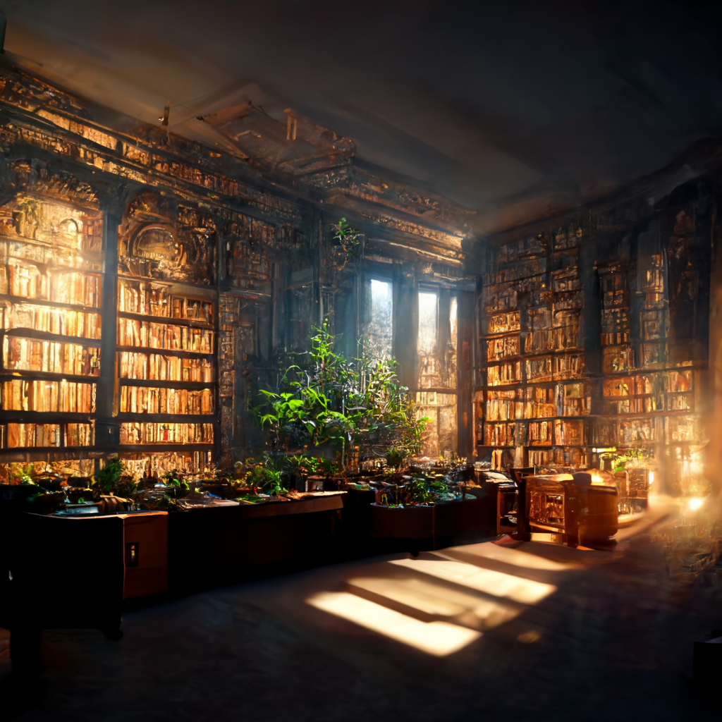 Midjourney prompt: ancient library room from a distance,