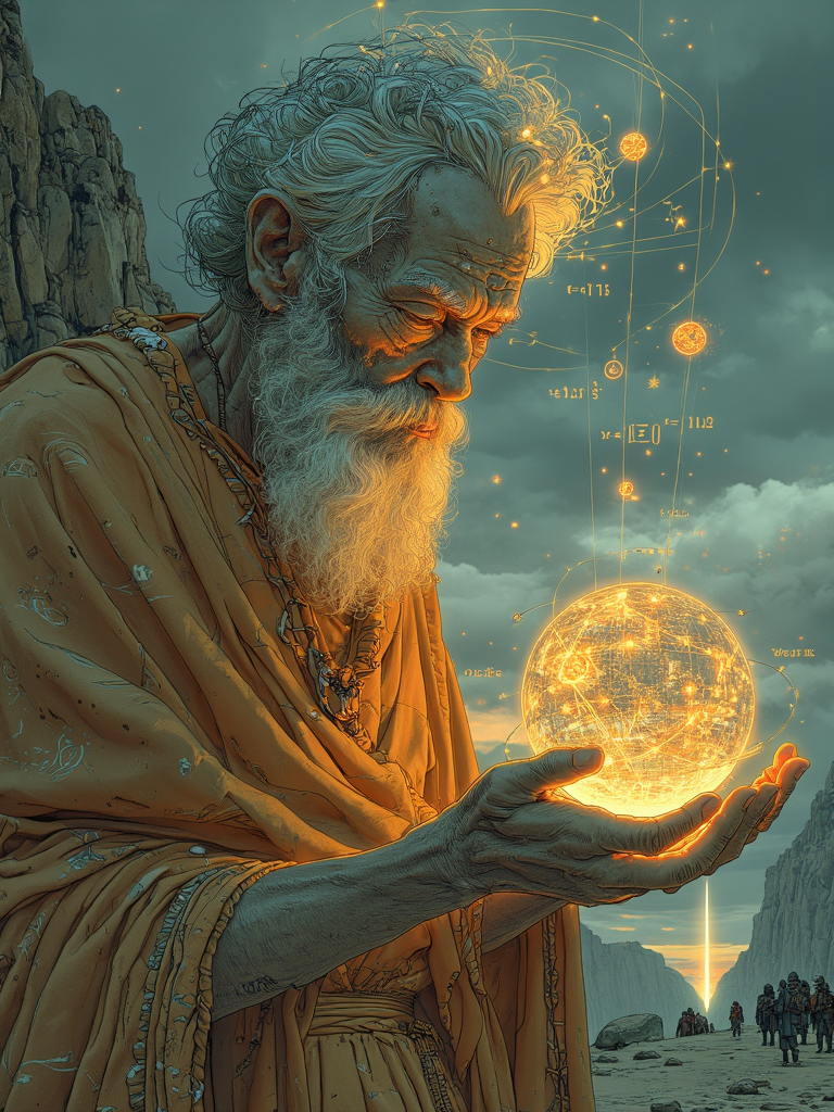 AI generated: FLUX prompt: Archimedes, an elderly but fiercely powerful figur... (FLUX - Character Design)