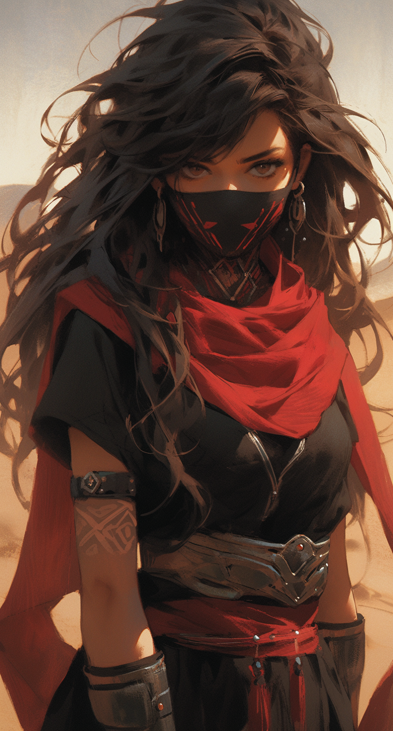 AI generated: Midjourney prompt: a woman in a black and red dress in the desert, in... (Midjourney - Anime)