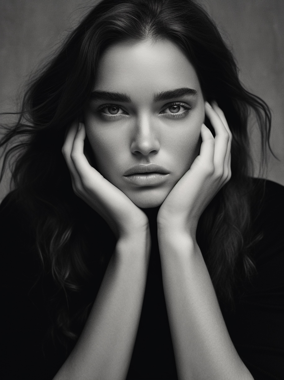 Midjourney prompt: a black and white photo of a woman with her hand o... - Midjourney