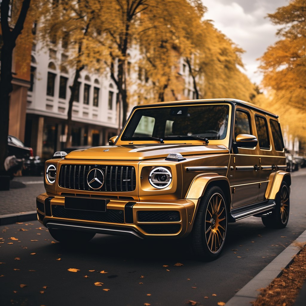 صورة مولدة بالذكاء الاصطناعي: Midjourney prompt: a gold Mercedes AMG G 63, unsplash --v 5. 2 (نموذج Midjourney - تصوير فوتوغرافي)