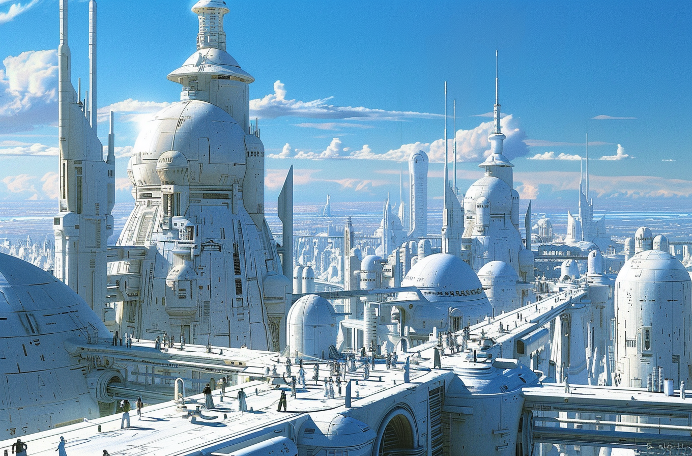صورة مولدة بالذكاء الاصطناعي: Midjourney prompt: concept art of an industrial city with large white... (نموذج Midjourney - عمارة وتصميم)