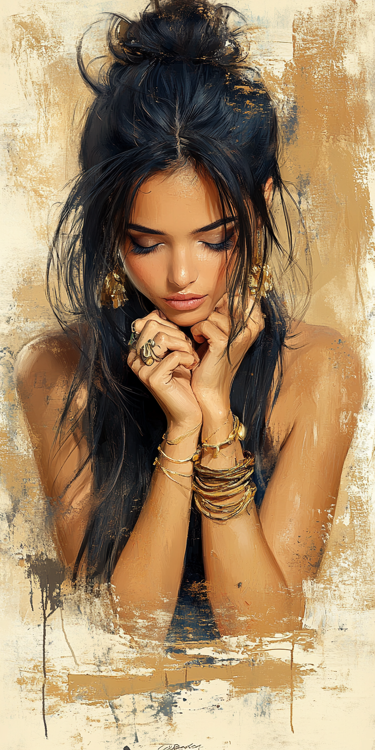 AI generated: Midjourney prompt: a woman with long black hair in a gold painting, i... (Midjourney - Portraits)