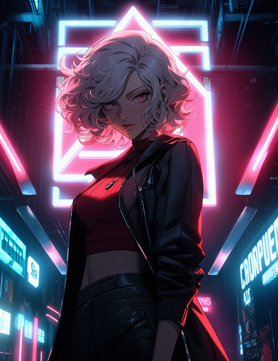 صورة مولدة بالذكاء الاصطناعي: Midjourney prompt: a woman standing in front of a neon sign, in the s... (نموذج Midjourney - أنمي)