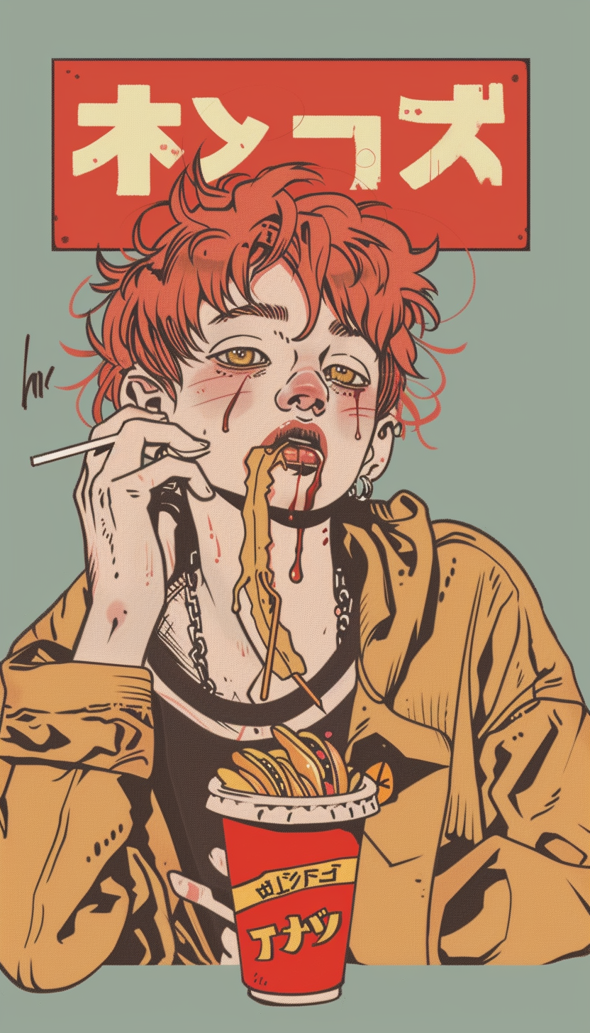 AI generated: Midjourney prompt: fast food ad, billboard sign, 90s, anime, japanese... (Midjourney - Anime)