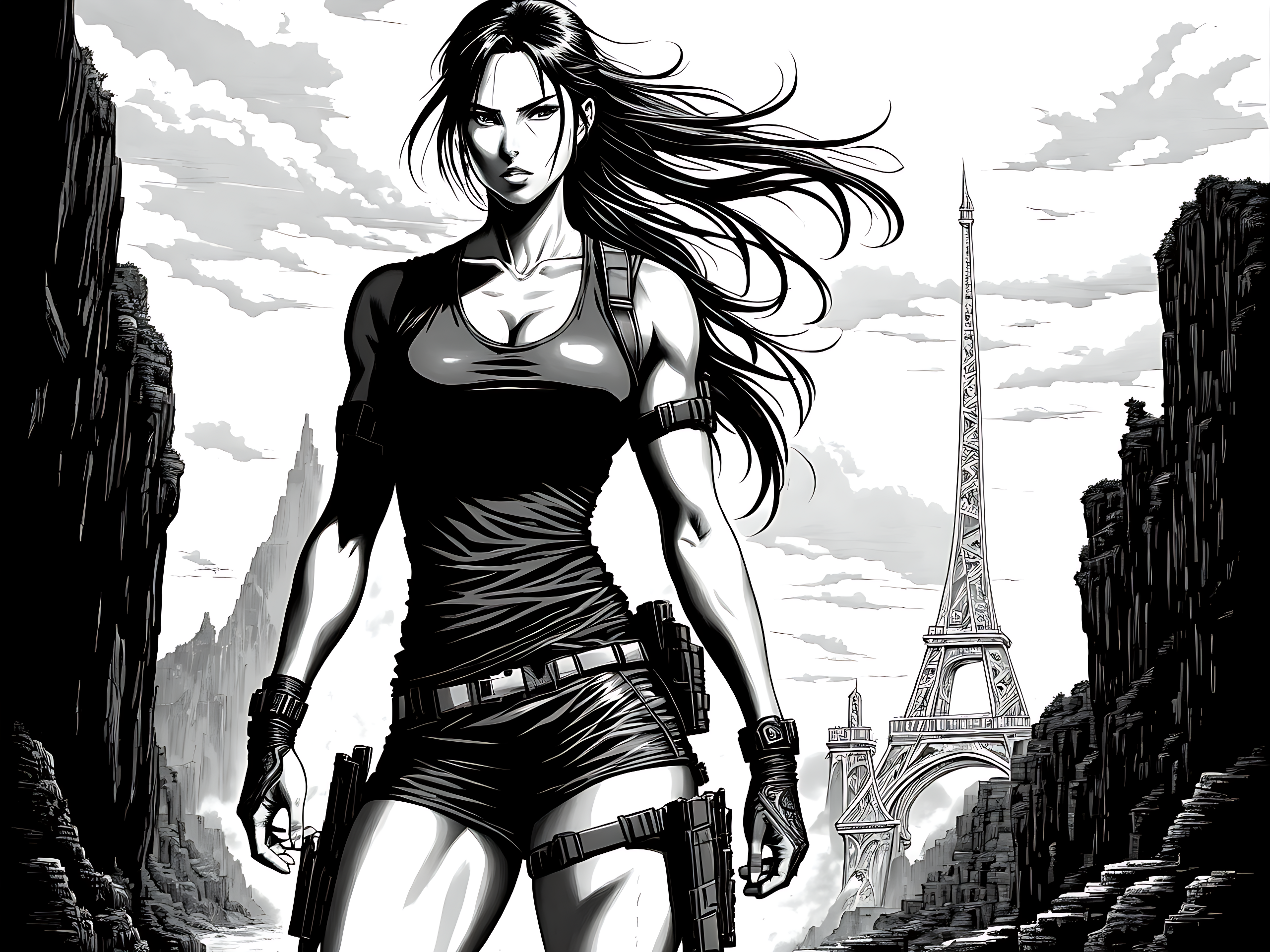 Stable Diffusion prompt: full body Lara Croft, manga, com...