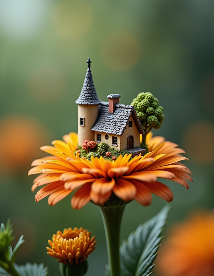 FLUX prompt: macro photography of a miniature little village on... - FLUX