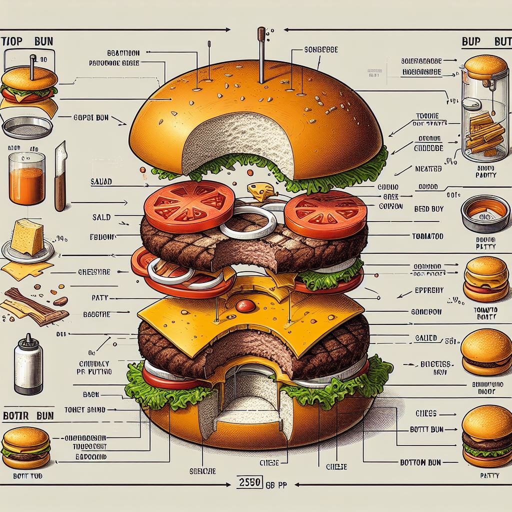 AI generated: Exploded view of a Cheeseburger - bitten (DALL·E - Concept Art)