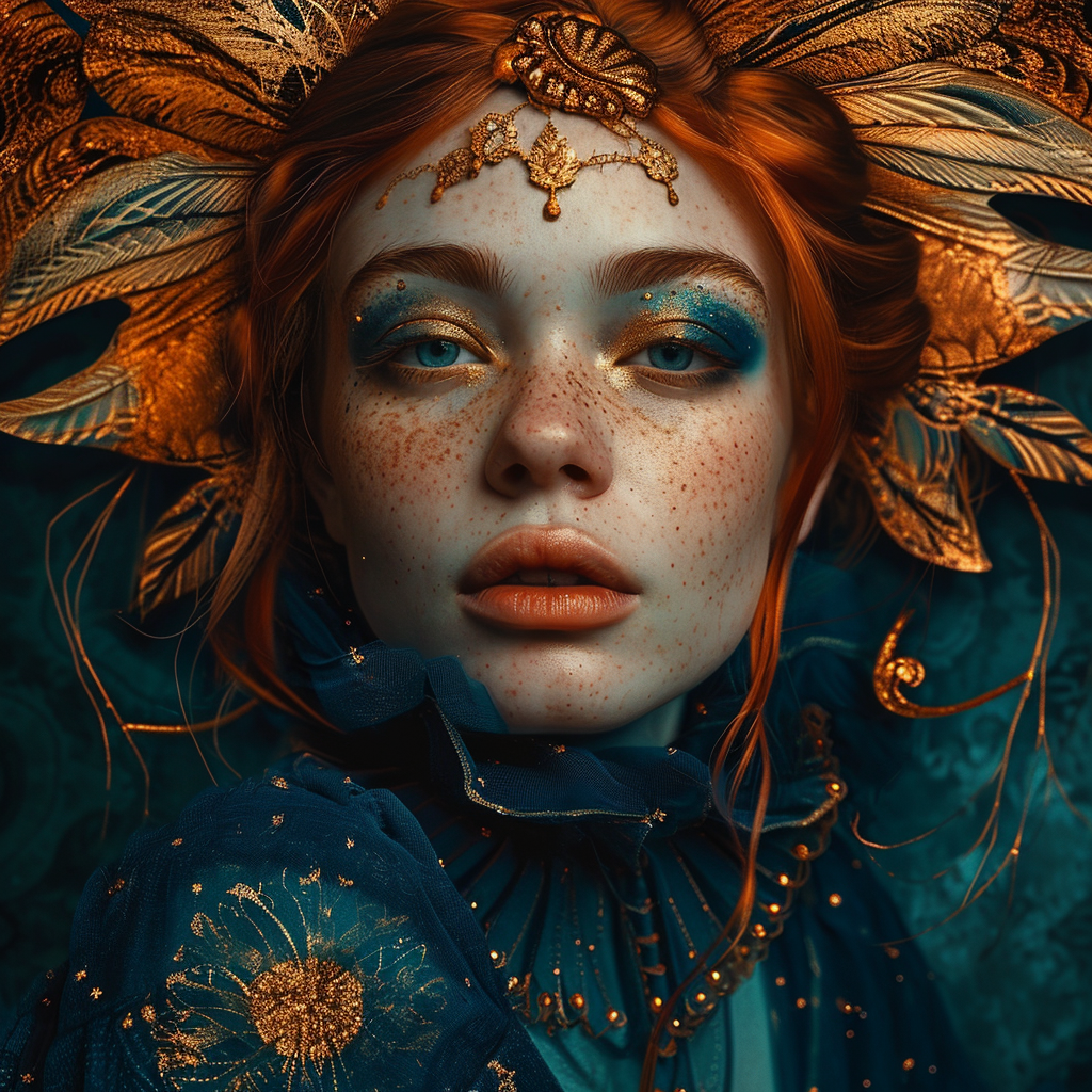 AI generated: Midjourney prompt: A woman in blue paint with a red hair, in the styl... (Midjourney - Animals & Nature)