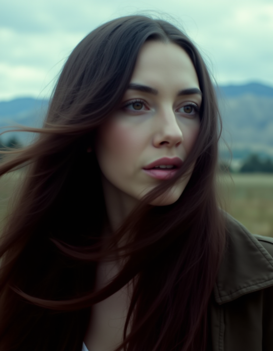 AI generated: FLUX prompt: A close-up of a woman with long, wavy dark brown h... (FLUX - Photography)