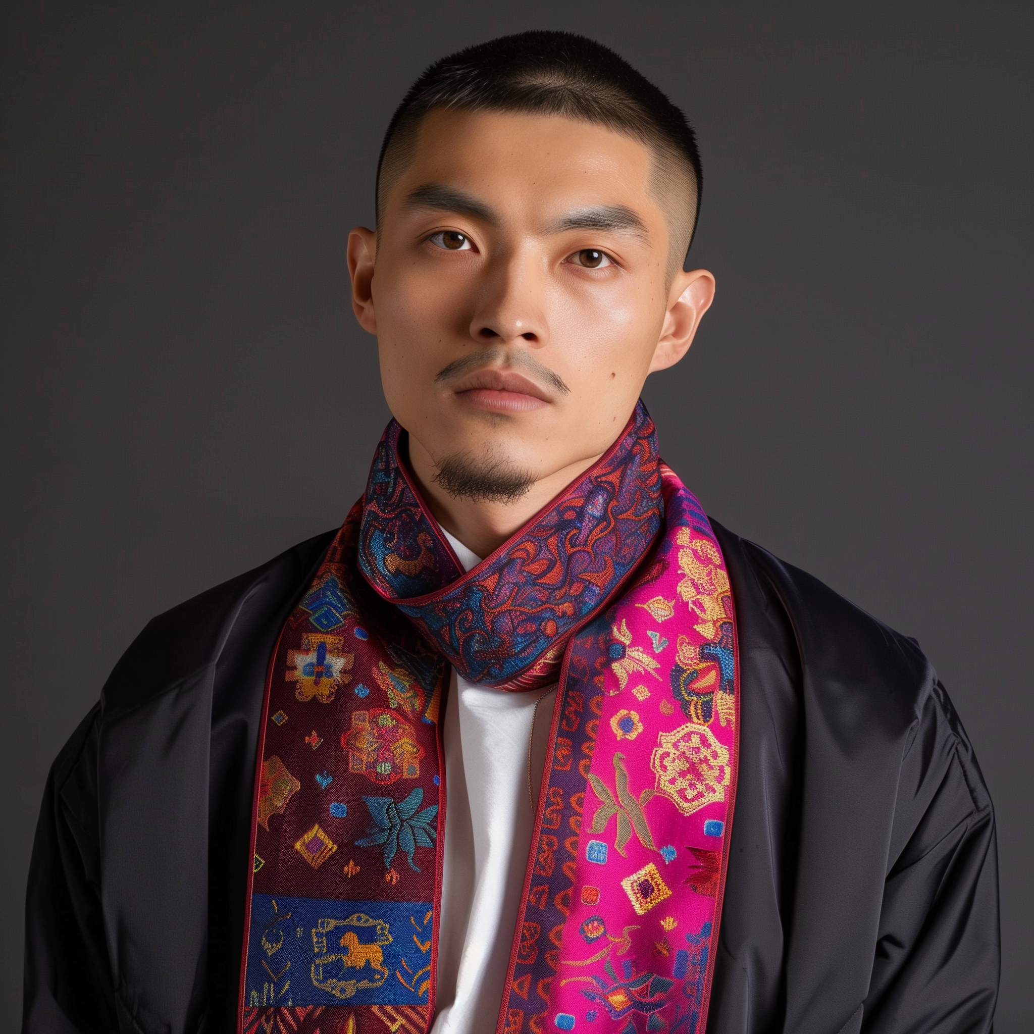 AI generated: Midjourney prompt: A man wearing an ornamental neck scarf in dark pin... (Midjourney - Fashion)
