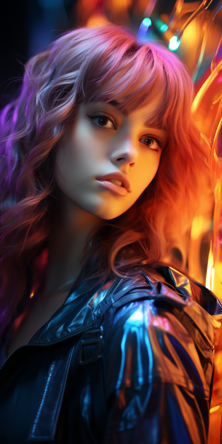 Midjourney prompt: a beautiful lightup purple girl is posing in front... - Midjourney
