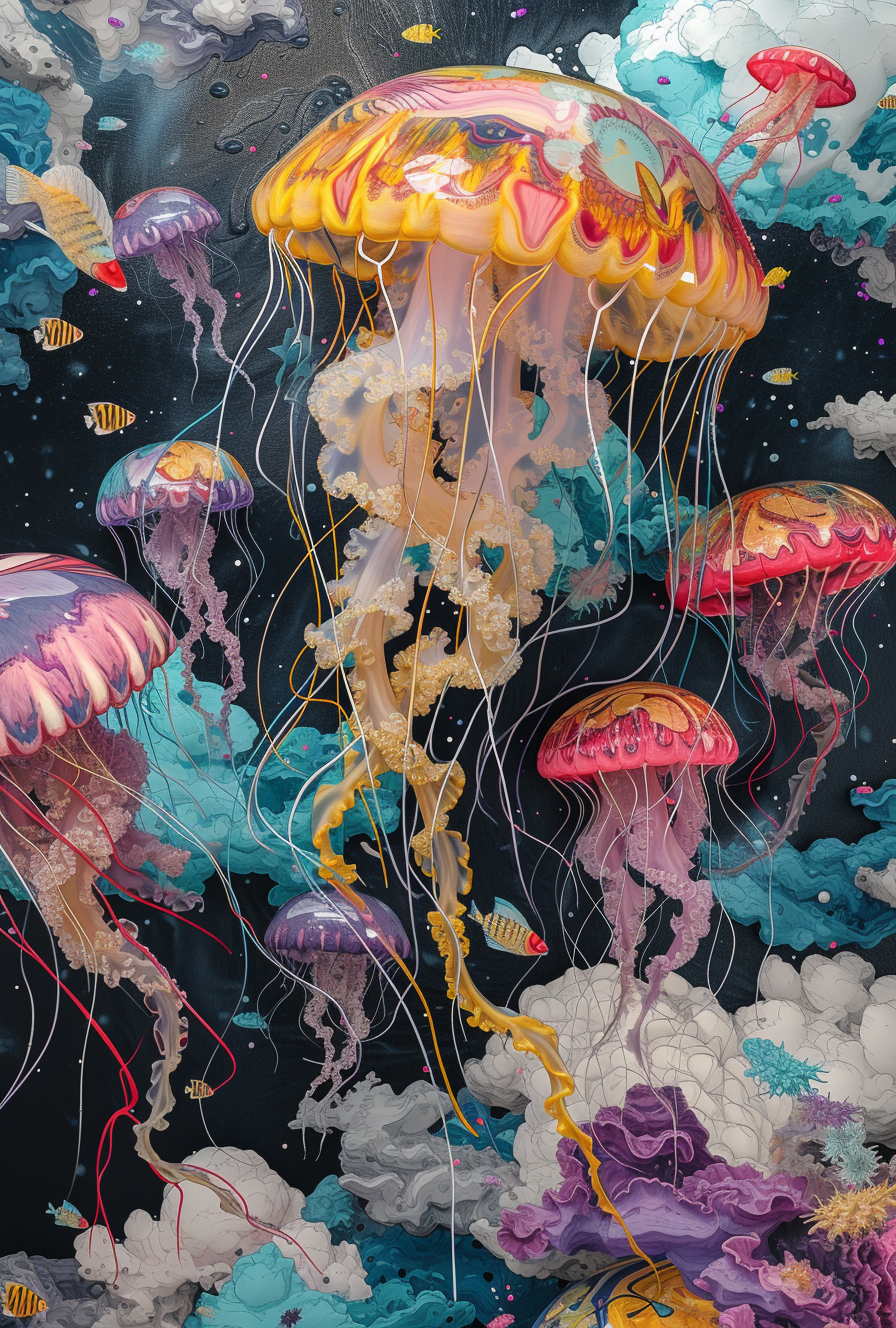 AI generated: Midjourney prompt: a 3d painting of jellyfish with colorful fish and ... (Midjourney - Concept Art)