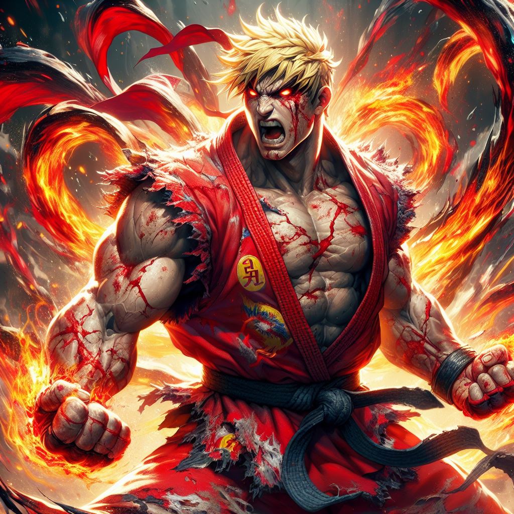 DALL·E prompt: Street fighter: Ken fighting at war, blond hair, r... - DALL·E