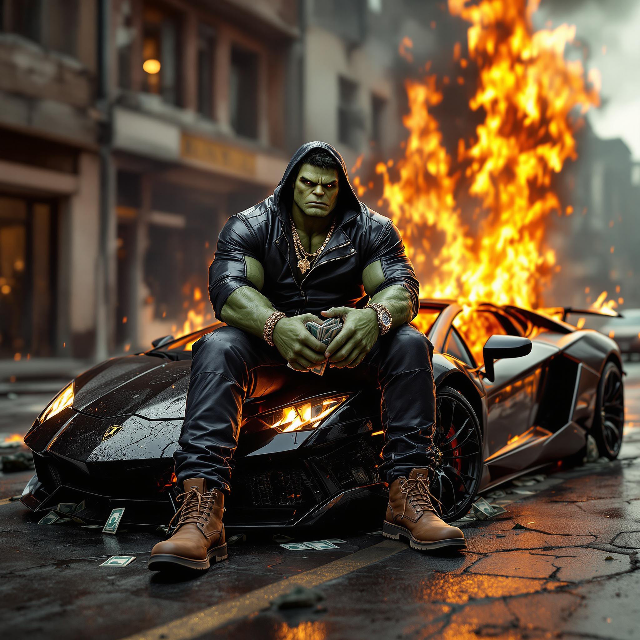 FLUX prompt: the incredible hulk wearing a leather hoodie in hi... - FLUX