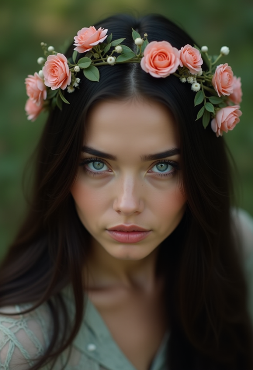AI generated: FLUX prompt: A woman with long dark hair and a wreath of small ... (FLUX - Photography)