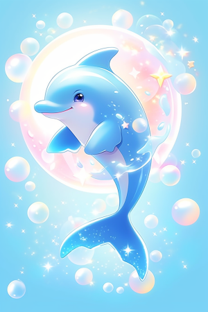 AI generated: Midjourney prompt: Light blue playful dolphin playing a bubble, with ... (Midjourney - Anime)
