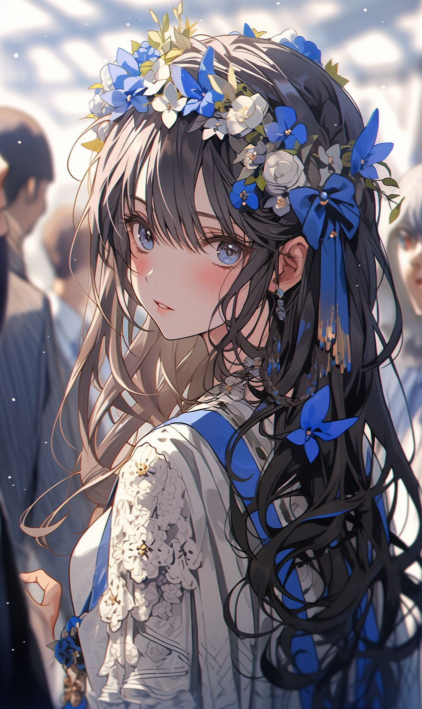 AI generated: Midjourney prompt: the wallpaper shows a woman wearing and flower cro... (Midjourney - Anime)
