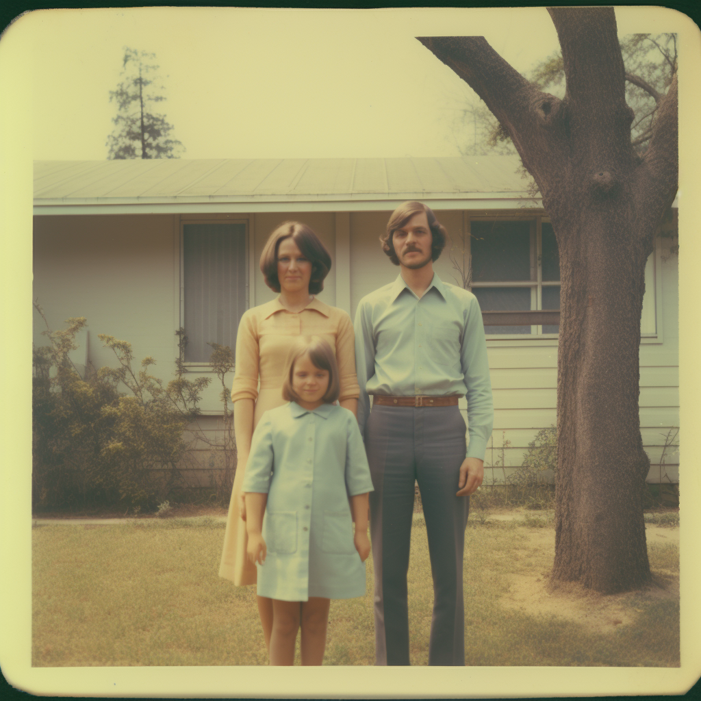 Midjourney prompt: a girl, a lady, and a man in front of a house, in ... - Midjourney
