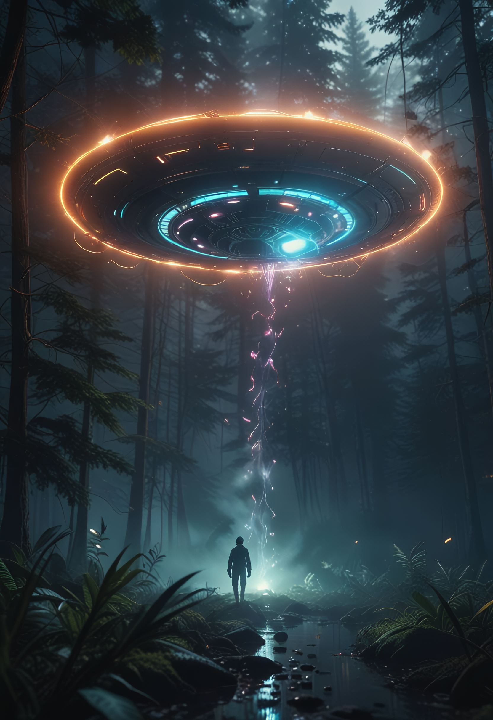 صورة مولدة بالذكاء الاصطناعي: Stable Diffusion prompt: ufo in forest,dynamic,mystique lights,smoke,abano... (نموذج Stable Diffusion - صور شخصية)