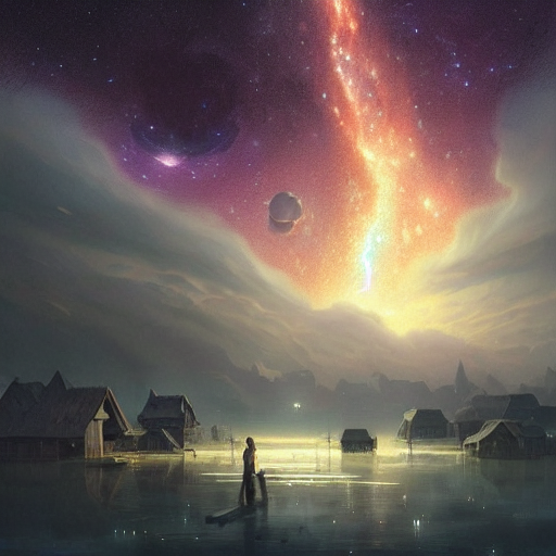 Stable Diffusion prompt: a village floating in space milk...