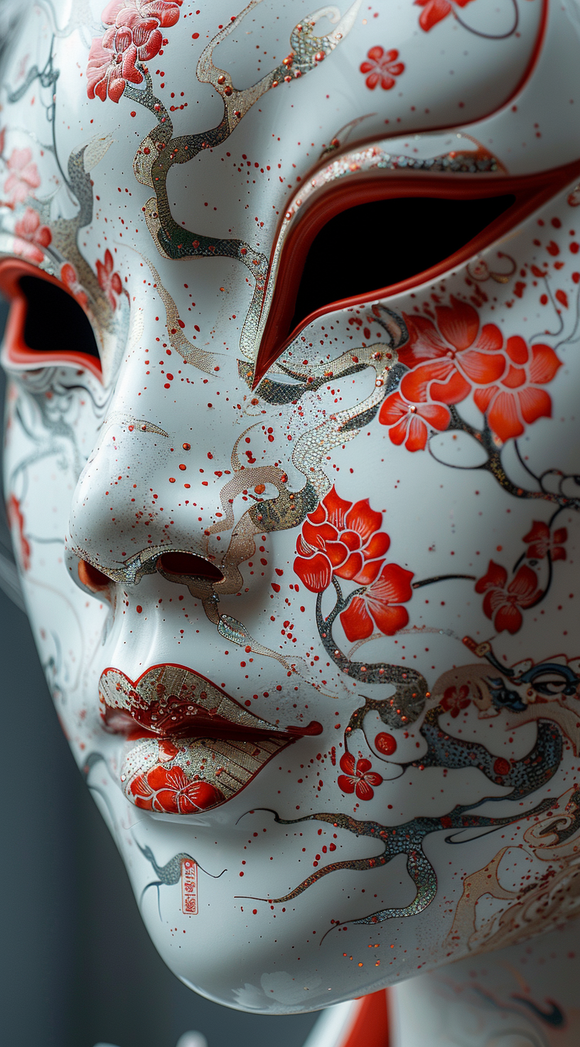 AI generated: Midjourney prompt: A photo closeup of a mask with white and red patte... (Midjourney - Photography)