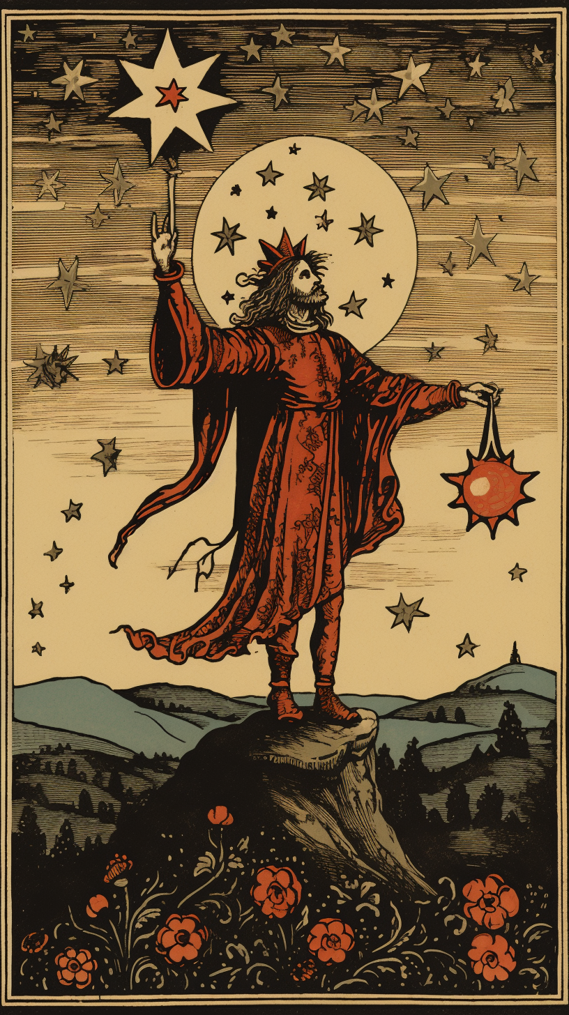 AI generated: Midjourney prompt: A jester standing on a hill, stars in sky, moon wi... (Midjourney - Concept Art)