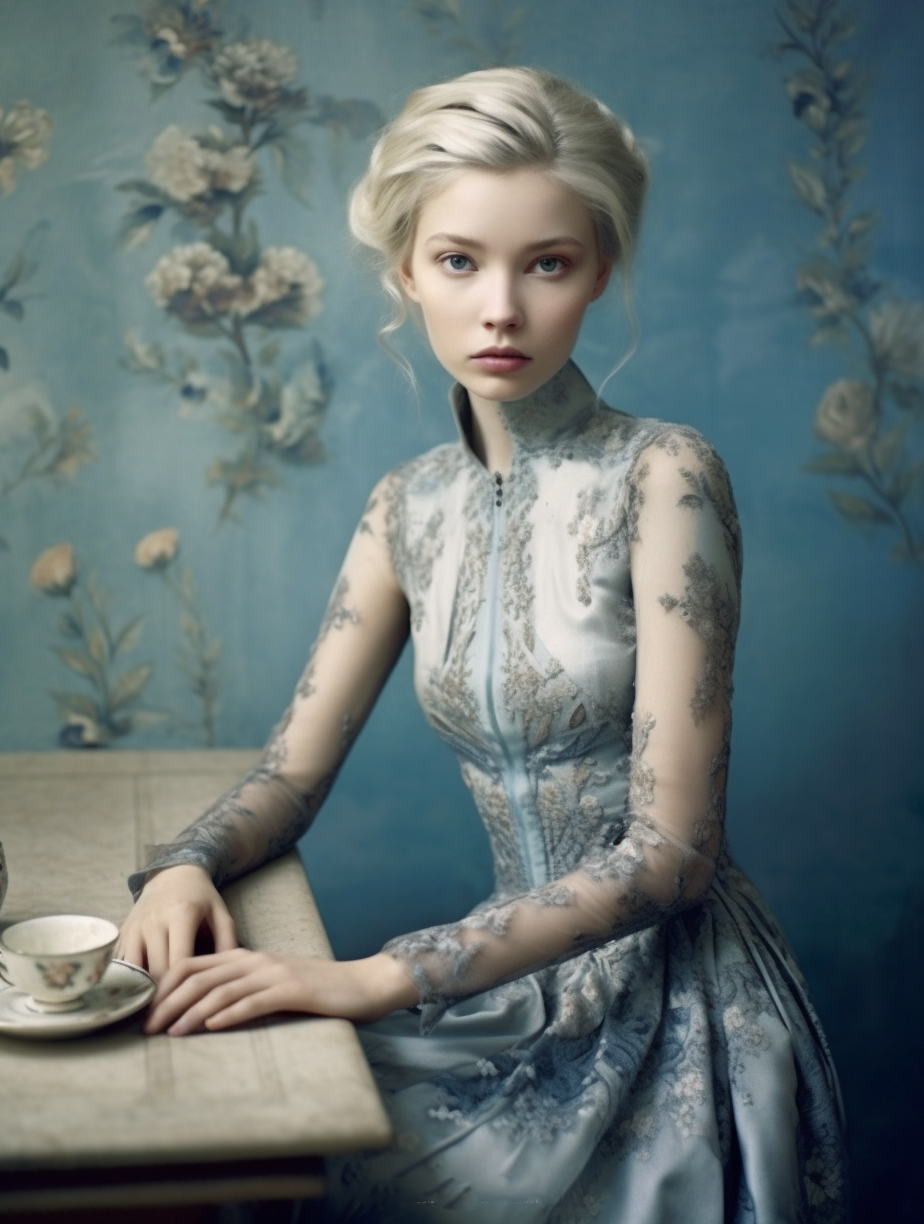 AI generated: Midjourney prompt: a woman sitting at a table , by Valerie Petts, tum... (Midjourney - Fashion)