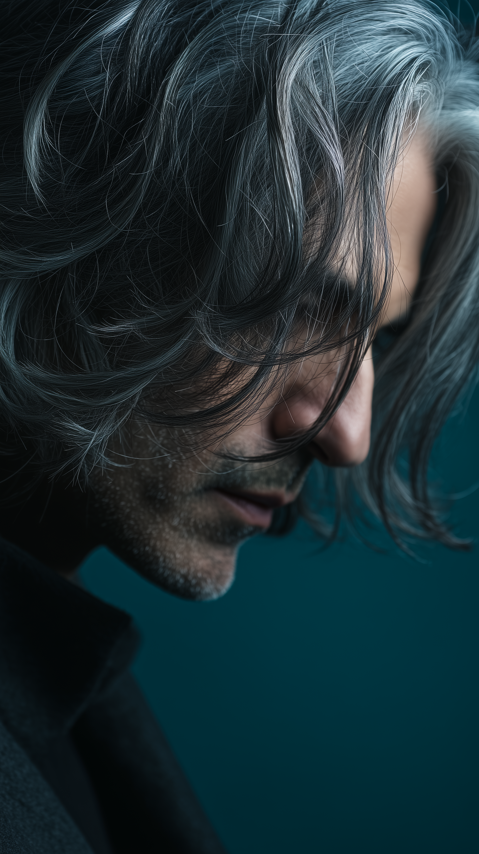 Midjourney prompt: photography, side view, man with wavy shoulder-len... - Midjourney