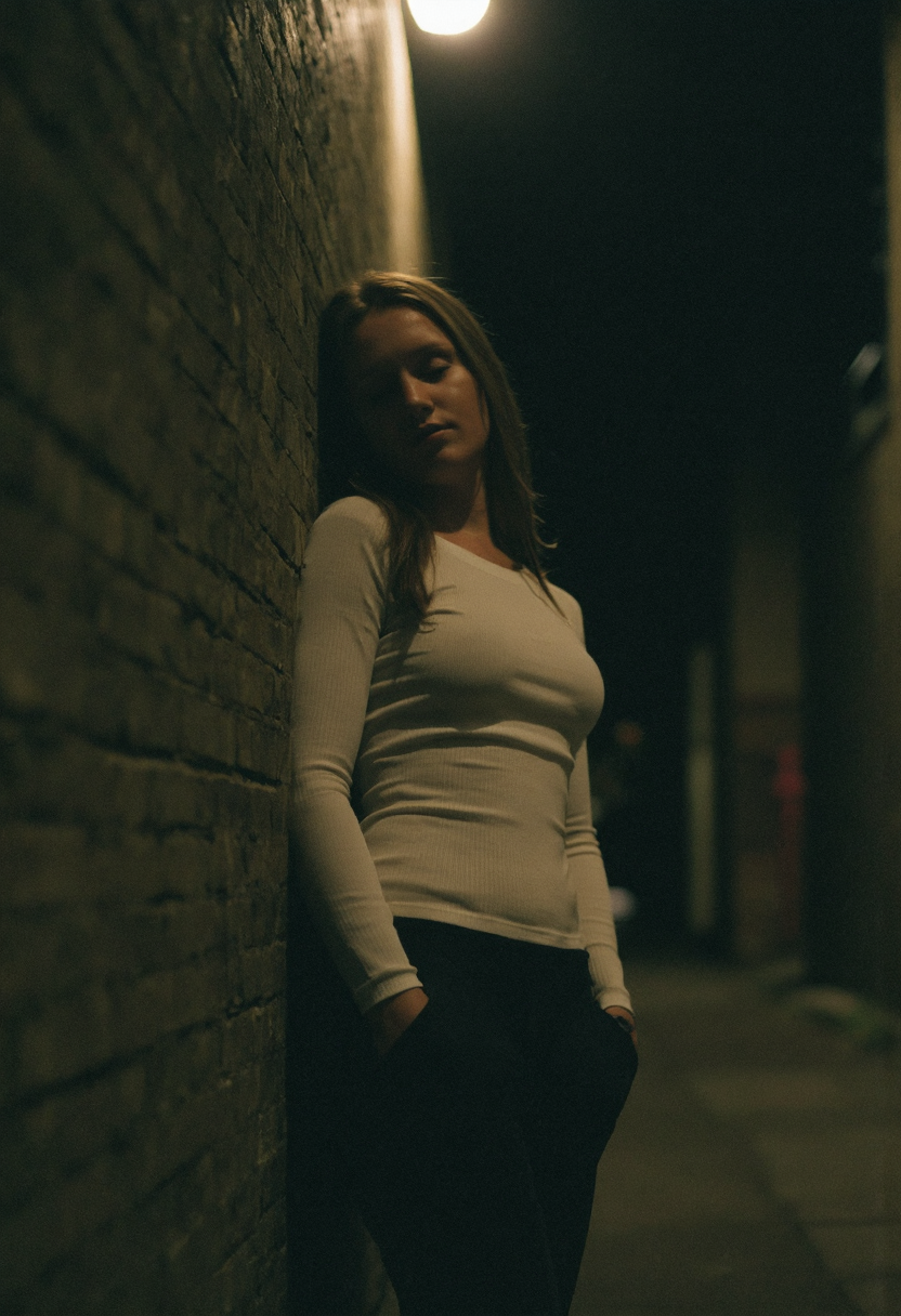 FLUX prompt: A 35mm film photograph of a fit woman in a dimly l... - FLUX