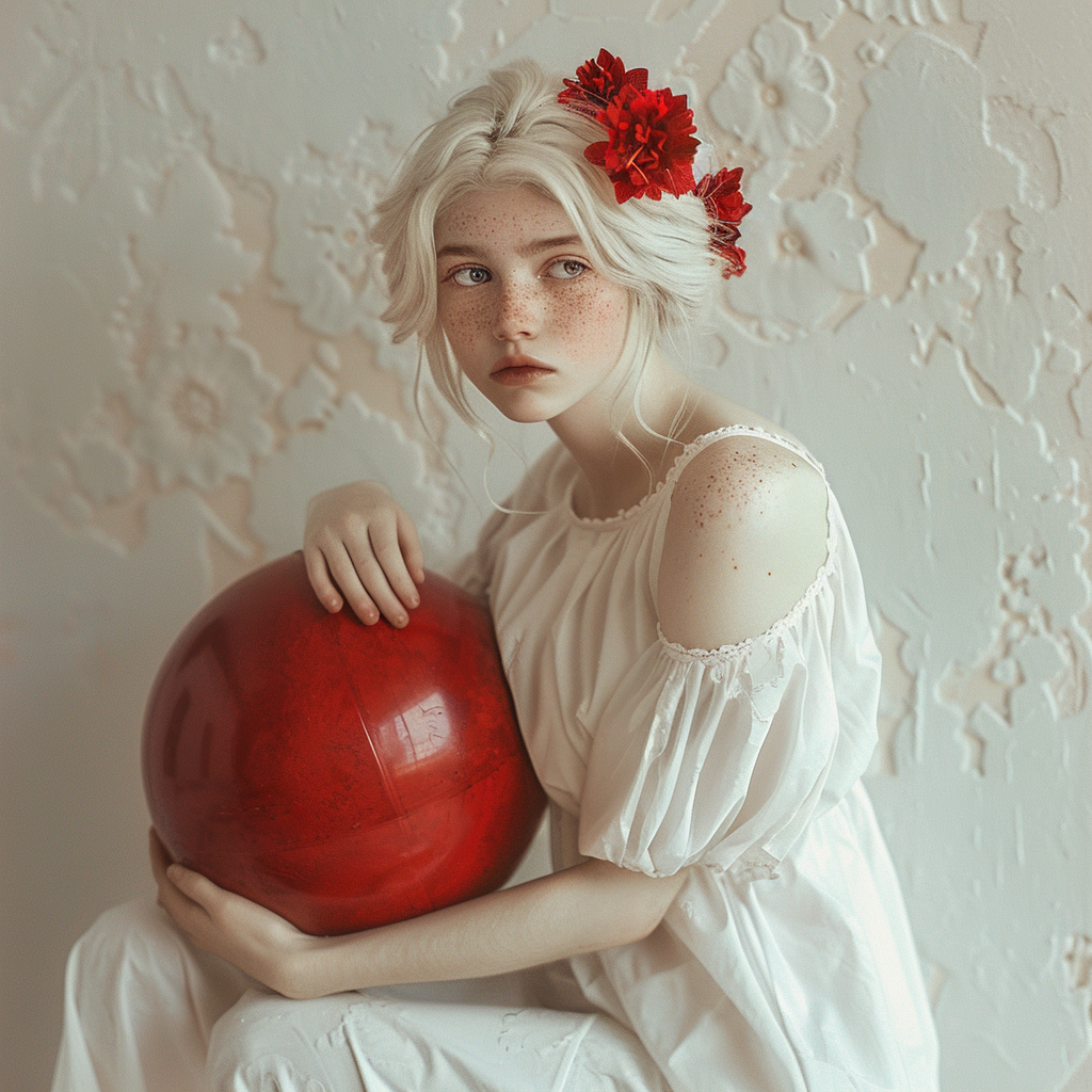 صورة مولدة بالذكاء الاصطناعي: Midjourney prompt: girl with white hair, red flowers in her hair, wit... (نموذج Midjourney - تصوير فوتوغرافي)
