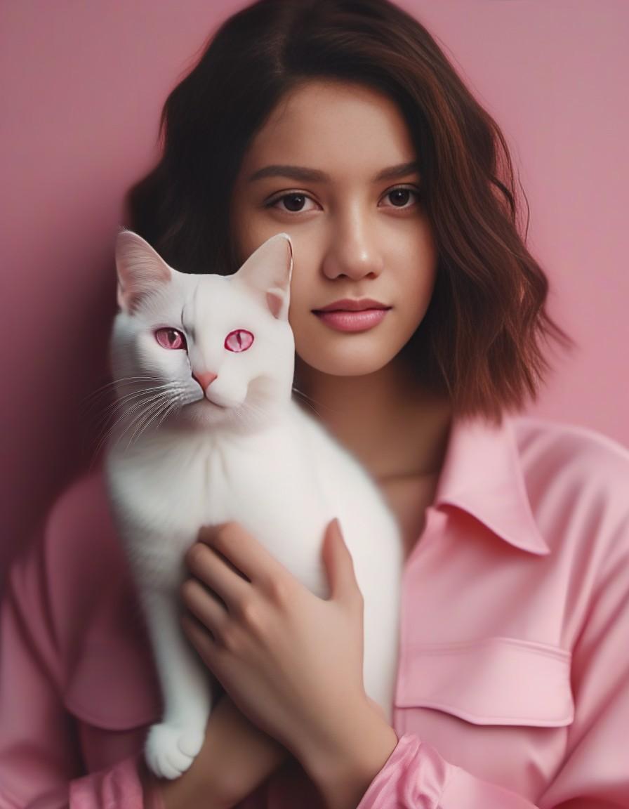 صورة مولدة بالذكاء الاصطناعي: Midjourney prompt: cat and girl, pink, cinematic, 4k, details, super (نموذج Midjourney - حيوانات وطبيعة)