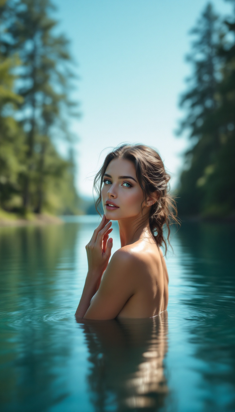 FLUX prompt: A woman stands in a serene lake, her back to the v... - FLUX