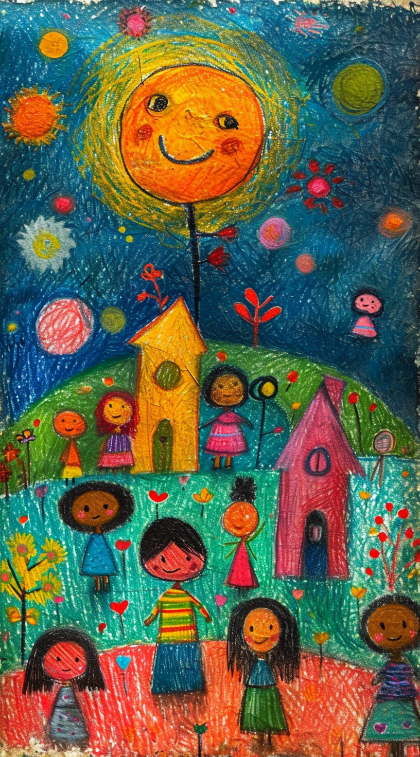 AI generated: Midjourney prompt: a childs drawing of children and a house, in the s... (Midjourney - Concept Art)