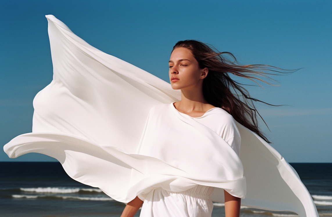 Midjourney prompt: slavic 18 years old model standing on top of a san... - Midjourney