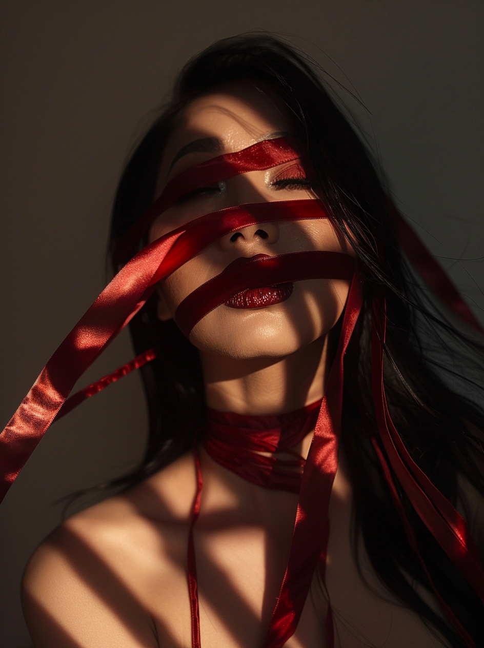AI generated: Midjourney prompt: a dark photo of an Asian woman wrapped in red sati... (Midjourney - Photography)