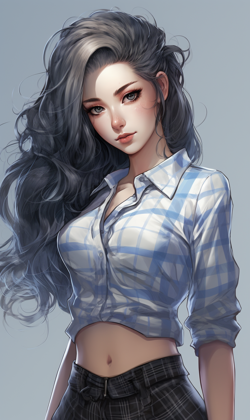 صورة مولدة بالذكاء الاصطناعي: Midjourney prompt: Cute girl in plaid skirt showing her hair and shir... (نموذج Midjourney - أنمي)